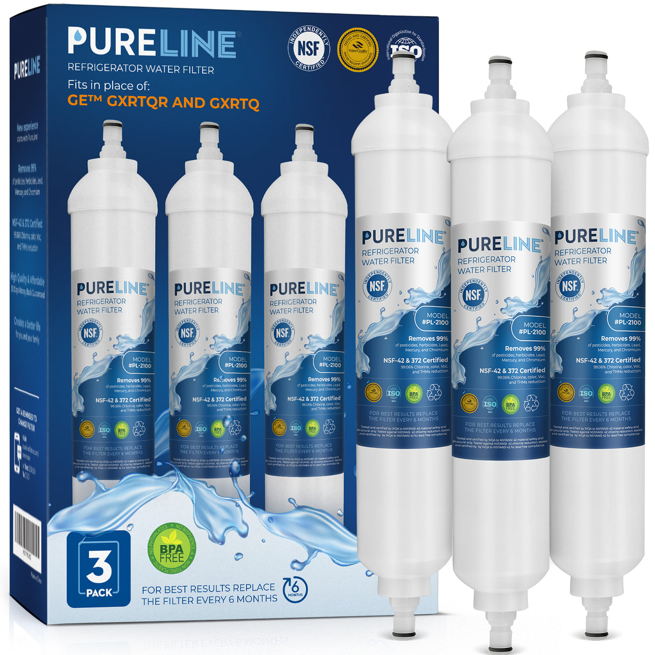 Pureline Replacement for GE GXRTQR Refrigerator Water Filter. (3 Pack